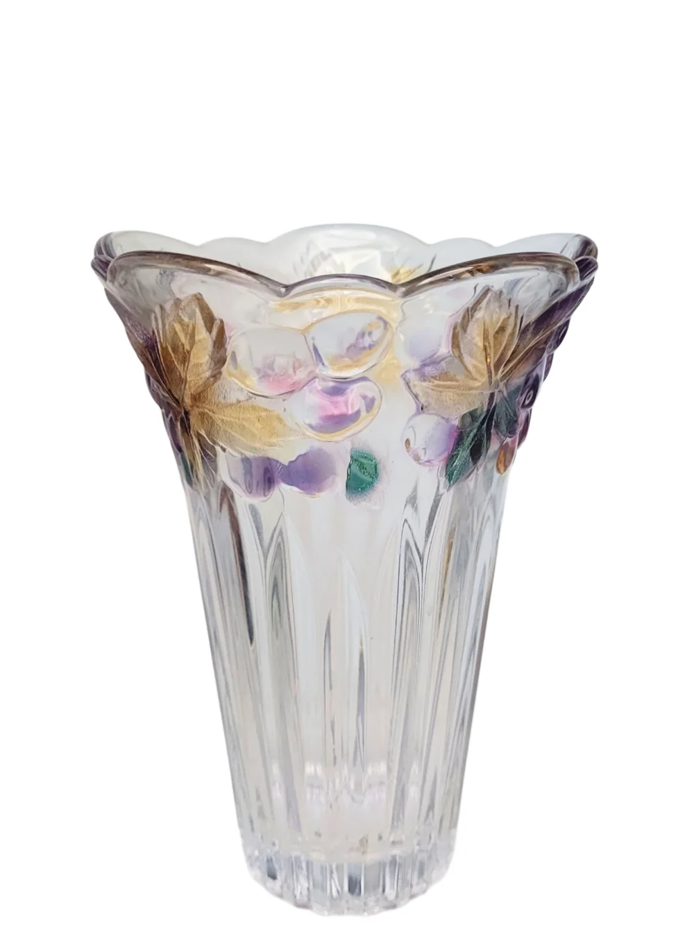 Vintage Crystal Scalloped Rim Vase with Purple and Gold Grape Vine Accents - Picture 2 of 7